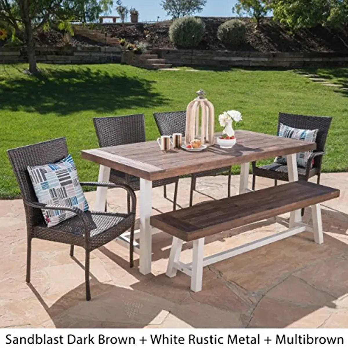 Christopher Knight Home Cooper Outdoor Stacking Wicker Dining Set with Acacia Wood Table and Bench, 6-Pcs Set, Sandblast Dark Brown / White Rustic Metal / Multibrown