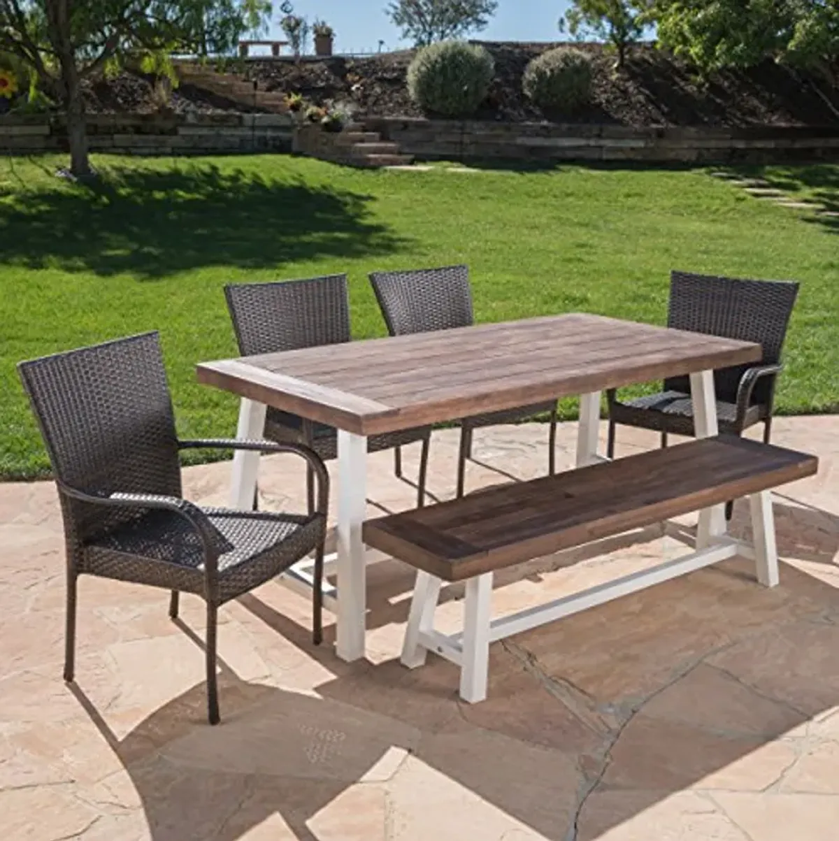 Christopher Knight Home Cooper Outdoor Stacking Wicker Dining Set with Acacia Wood Table and Bench, 6-Pcs Set, Sandblast Dark Brown / White Rustic Metal / Multibrown