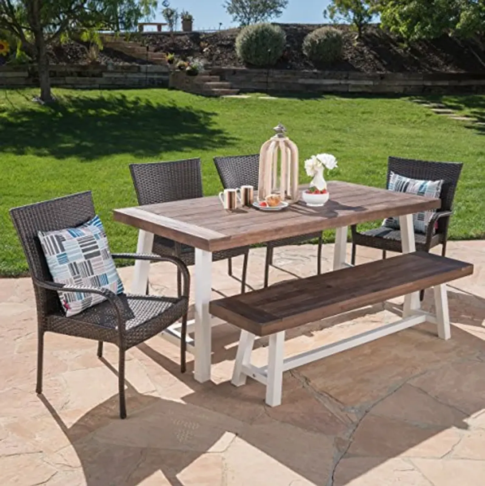 Christopher Knight Home Cooper Outdoor Stacking Wicker Dining Set with Acacia Wood Table and Bench, 6-Pcs Set, Sandblast Dark Brown / White Rustic Metal / Multibrown