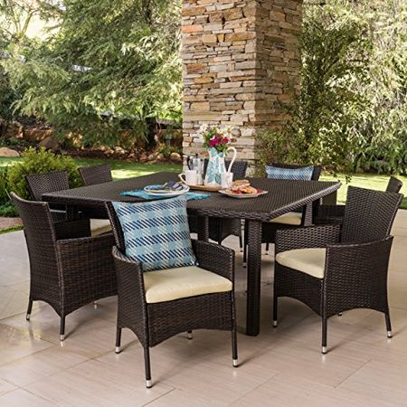 Christopher Knight Home Aristo Outdoor Wicker Square Dining Set with Water Resistant Cushions, 9-Pcs Set, Multibrown / Beige Cushions