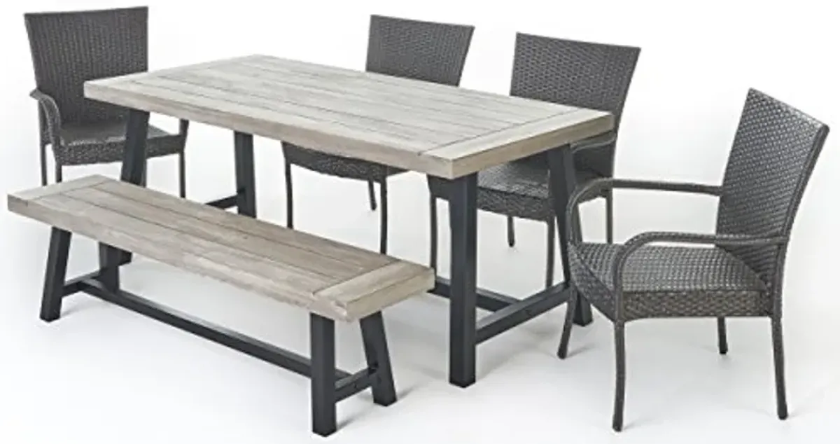 Christopher Knight Home Cooper Outdoor Stacking Wicker Dining Set with Acacia Wood Table and Bench, 6-Pcs Set, Sandblast Light Grey / Black Rustic Metal / Grey