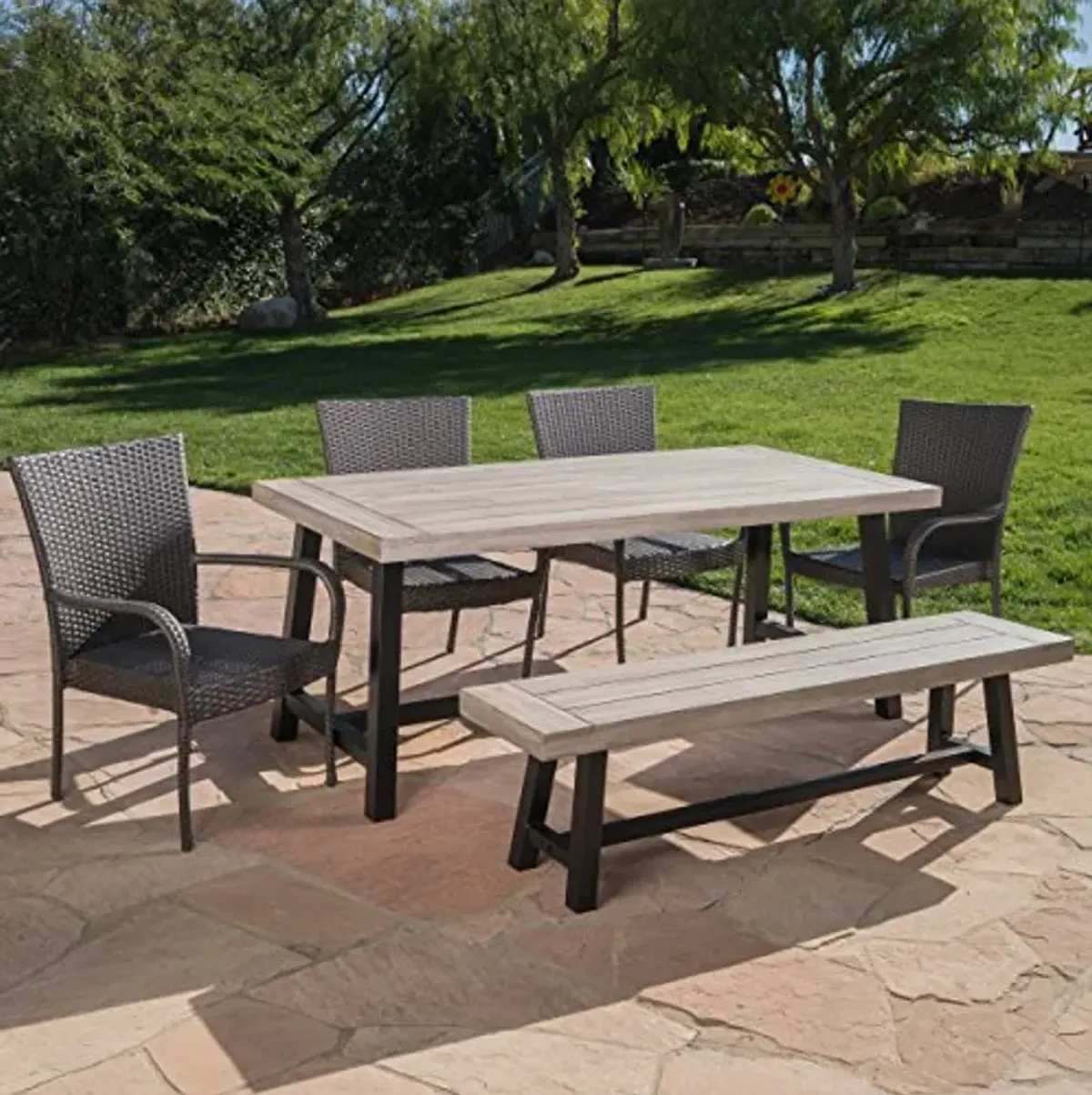 Christopher Knight Home Cooper Outdoor Stacking Wicker Dining Set with Acacia Wood Table and Bench, 6-Pcs Set, Sandblast Light Grey / Black Rustic Metal / Grey