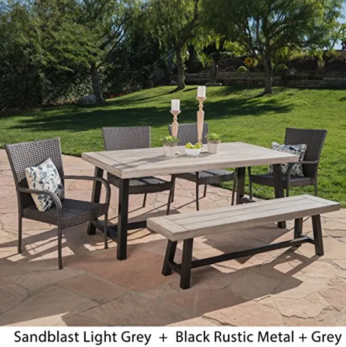 Christopher Knight Home Cooper Outdoor Stacking Wicker Dining Set with Acacia Wood Table and Bench, 6-Pcs Set, Sandblast Light Grey / Black Rustic Metal / Grey