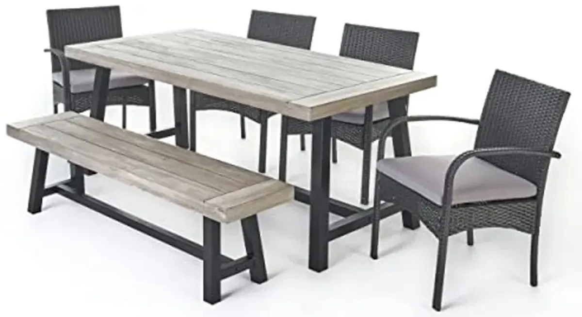 Christopher Knight Home Louise Outdoor Wicker Dining Set with Acacia Wood Table and Bench and Water Resistant Cushions, 6-Pcs Set, Sandblast Light Grey / Black Rustic Metal / Grey / Grey Cushions