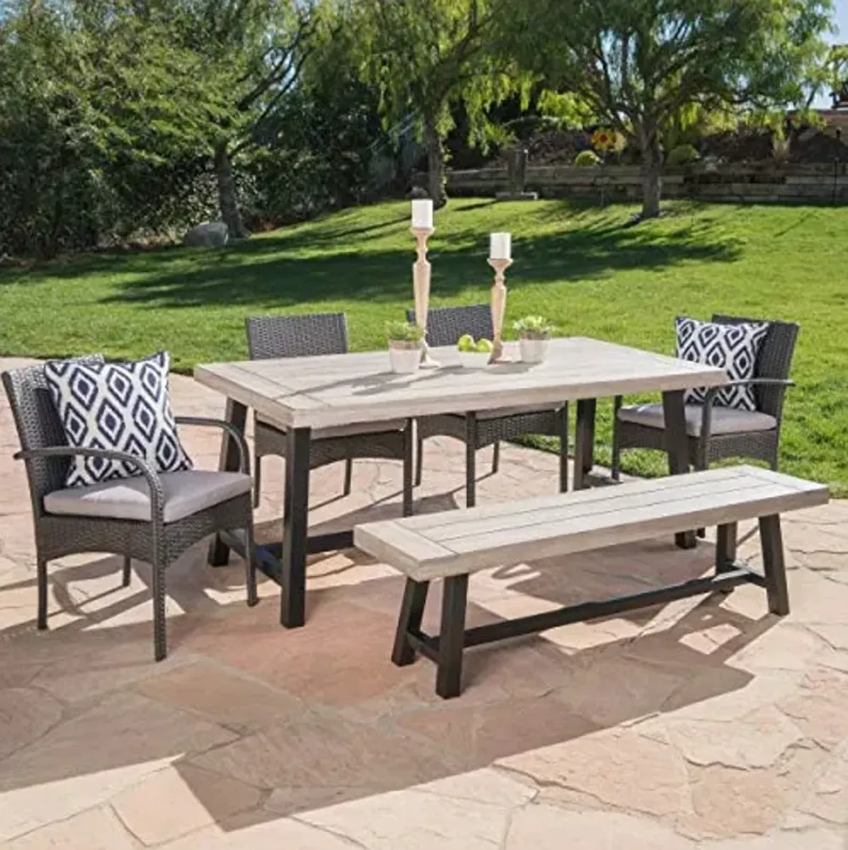 Christopher Knight Home Louise Outdoor Wicker Dining Set with Acacia Wood Table and Bench and Water Resistant Cushions, 6-Pcs Set, Sandblast Light Grey / Black Rustic Metal / Grey / Grey Cushions
