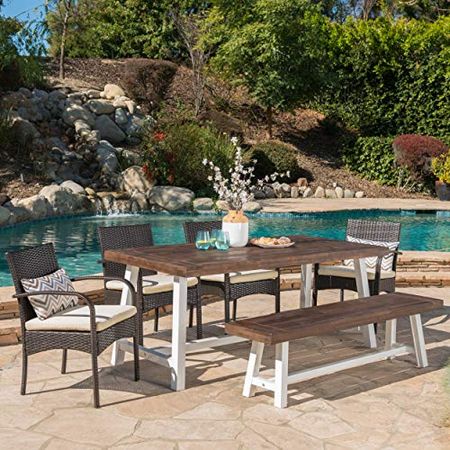 Christopher Knight Home Louise Outdoor 6 Piece Wicker Dining Set Finish Acacia Wood Table and Bench Water Resistant Pcs, Sandblast Dark Brown/White Rustic Metal/Multibrown/Crème Cushions