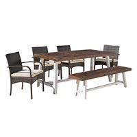 Christopher Knight Home Louise Outdoor 6 Piece Wicker Dining Set Finish Acacia Wood Table and Bench Water Resistant Pcs, Sandblast Dark Brown/White Rustic Metal/Multibrown/Crème Cushions