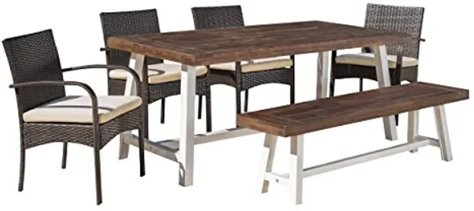 Christopher Knight Home Louise Outdoor 6 Piece Wicker Dining Set Finish Acacia Wood Table and Bench Water Resistant Pcs, Sandblast Dark Brown/White Rustic Metal/Multibrown/Crème Cushions