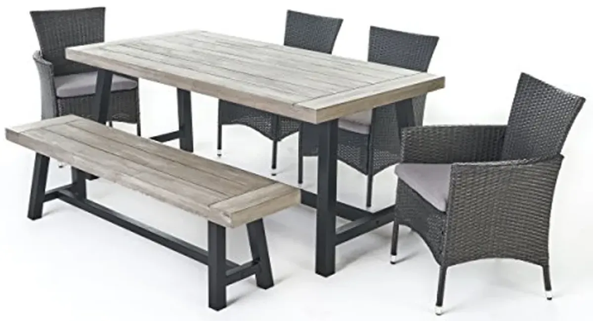 Christopher Knight Home Linda Outdoor Wicker Dining Set with Acacia Wood Table and Bench and Water Resistant Cushions, 6-Pcs Set, Sandblast Light Grey / Black Rustic Metal / Grey / Silver Cushions