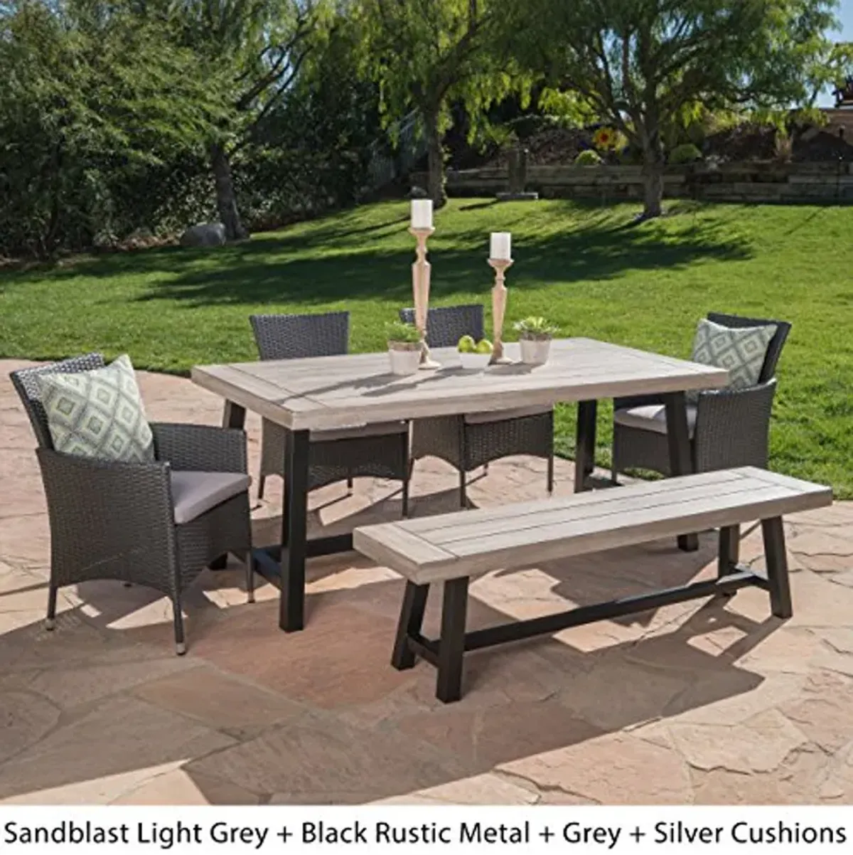 Christopher Knight Home Linda Outdoor Wicker Dining Set with Acacia Wood Table and Bench and Water Resistant Cushions, 6-Pcs Set, Sandblast Light Grey / Black Rustic Metal / Grey / Silver Cushions