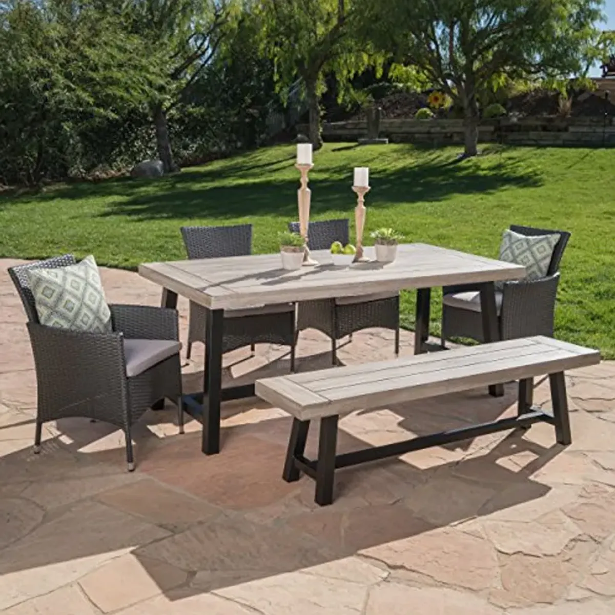 Christopher Knight Home Linda Outdoor Wicker Dining Set with Acacia Wood Table and Bench and Water Resistant Cushions, 6-Pcs Set, Sandblast Light Grey / Black Rustic Metal / Grey / Silver Cushions