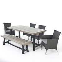 Christopher Knight Home Linda Outdoor Wicker Dining Set with Acacia Wood Table and Bench and Water Resistant Cushions, 6-Pcs Set, Sandblast Light Grey / Black Rustic Metal / Grey / Silver Cushions