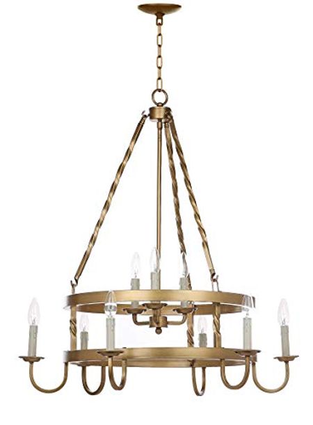 SAFAVIEH Lighting Collection Crowley Farmhouse Rustic Gold Metal 31-inch Diameter 9-light Adjustable Hanging Chandelier Light Fixture (LED Bulbs Included)