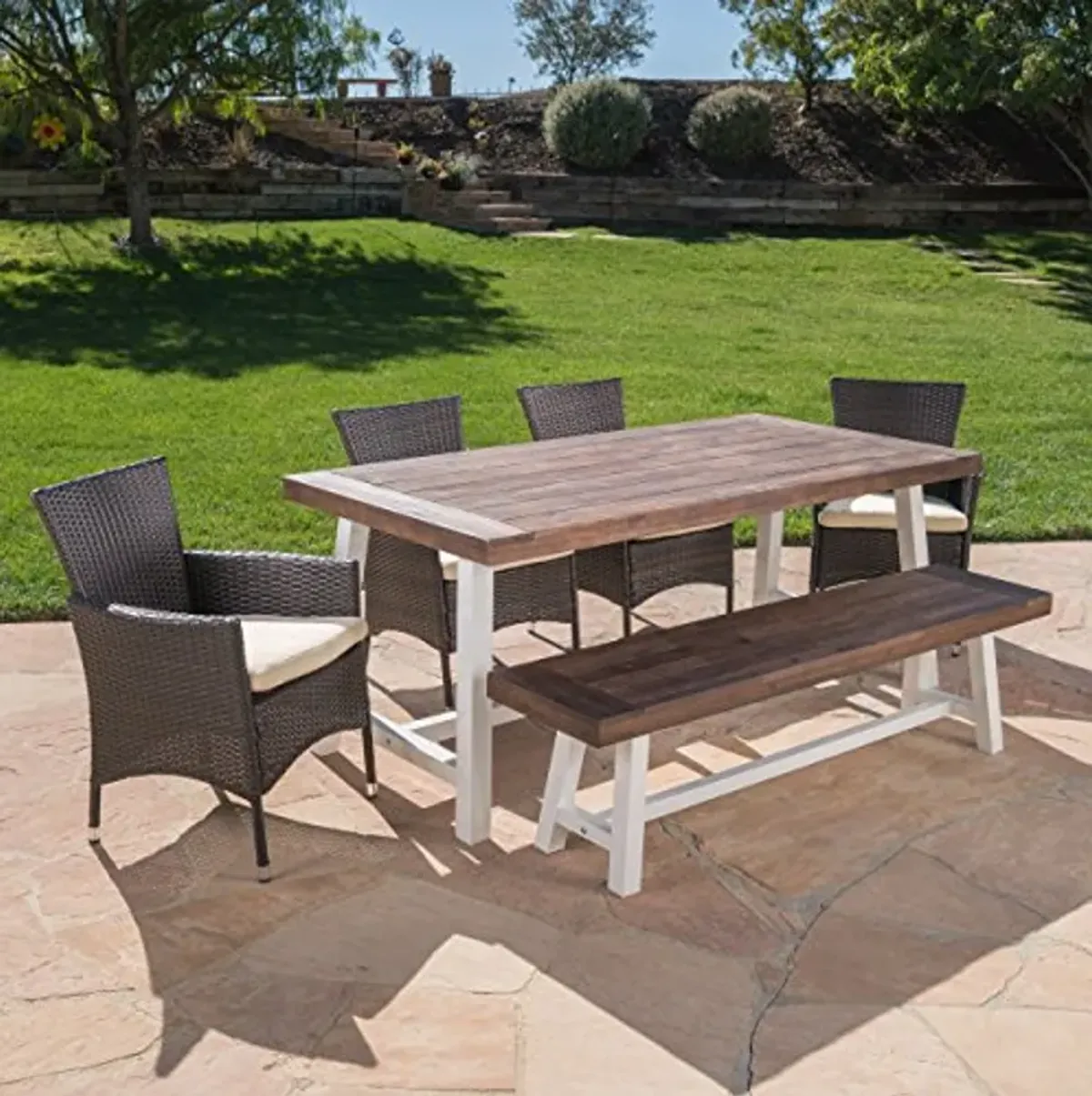 Christopher Knight Home Linda Outdoor 6 Piece Wicker Dining Set Finish Acacia Wood Table and Bench Water Resistant Pcs, Sandblast Dark Brown/White Rustic Metal/Multibrown/Beige Cushions