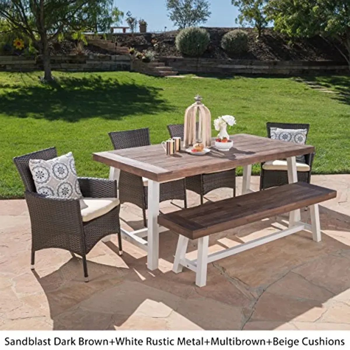 Christopher Knight Home Linda Outdoor 6 Piece Wicker Dining Set Finish Acacia Wood Table and Bench Water Resistant Pcs, Sandblast Dark Brown/White Rustic Metal/Multibrown/Beige Cushions