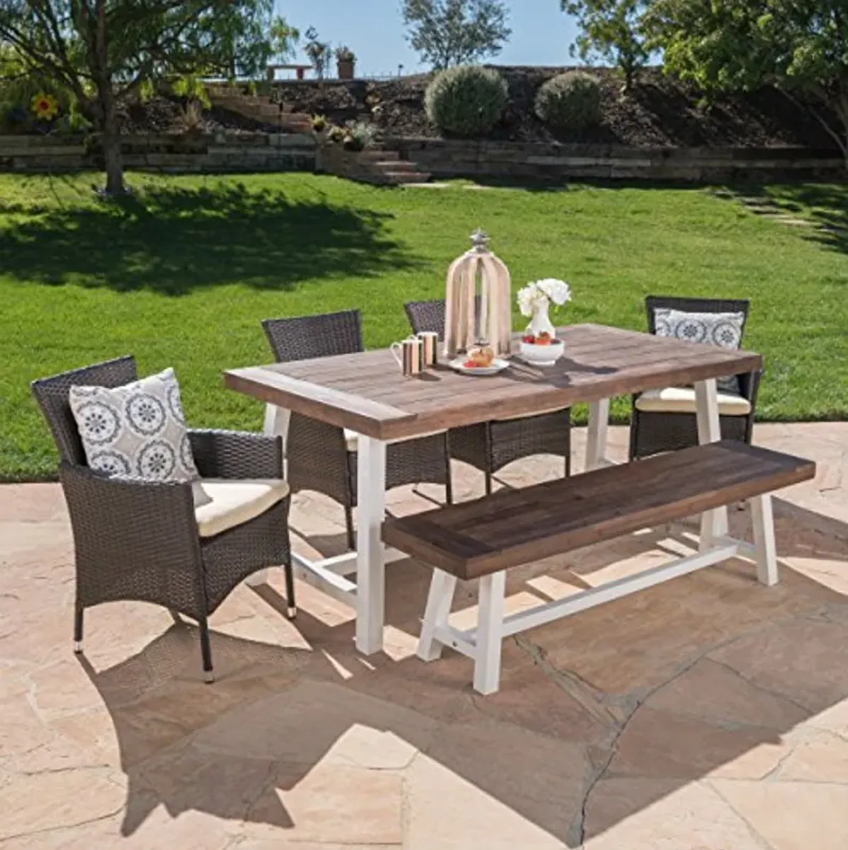 Christopher Knight Home Linda Outdoor 6 Piece Wicker Dining Set Finish Acacia Wood Table and Bench Water Resistant Pcs, Sandblast Dark Brown/White Rustic Metal/Multibrown/Beige Cushions