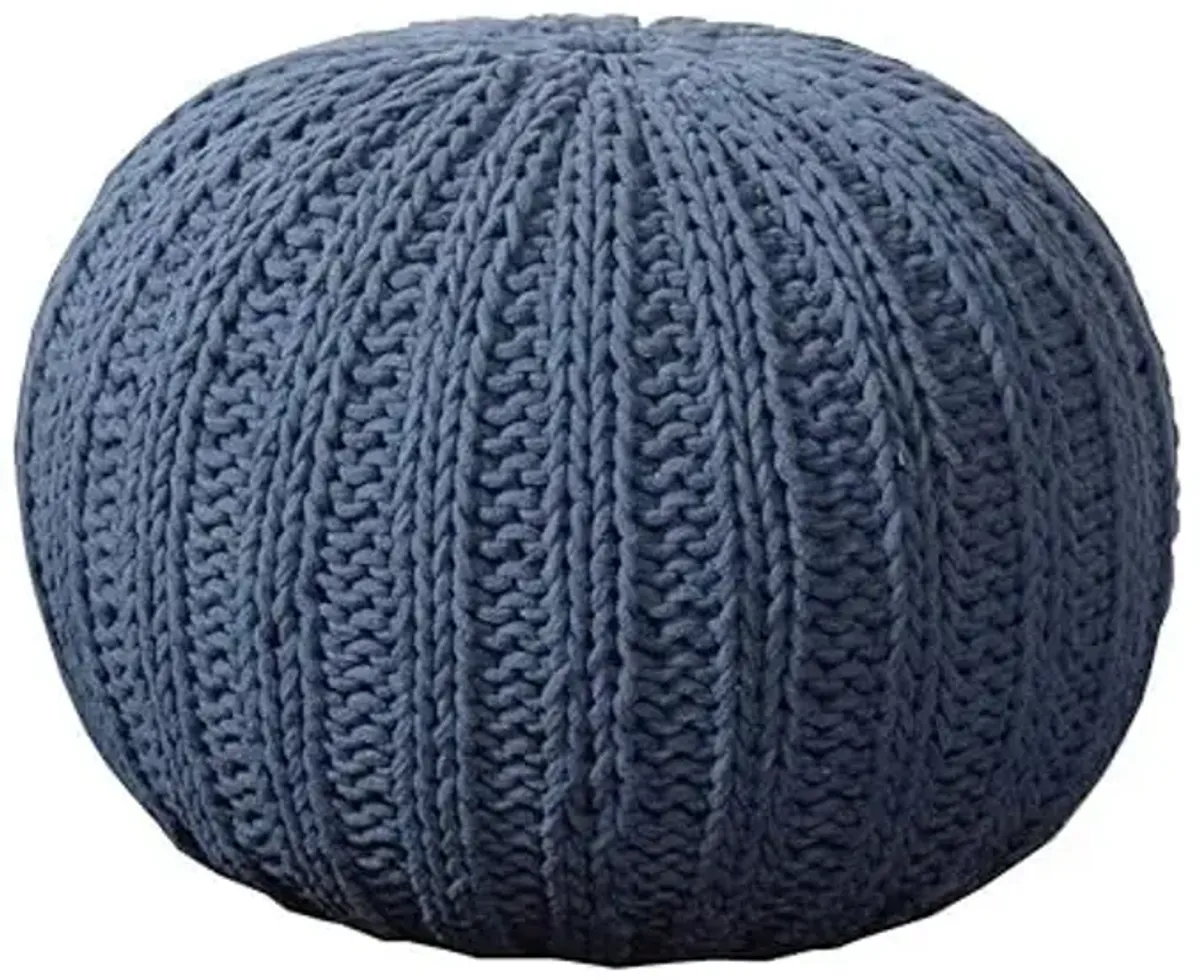 LR Home Blue Cableknit Cotton Round Ottoman for Home Décor | Hand-Made Farmhouse Foot Rest for Bedroom & Living Room | 20 x 20 x 16 Stuffed Pouf for Seating