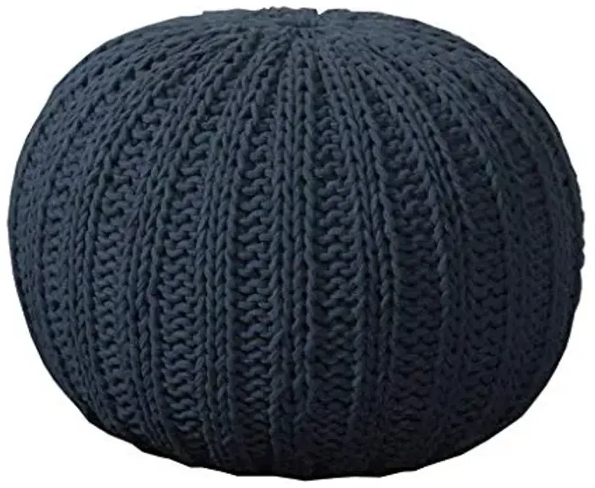 LR Home Blue Cableknit Cotton Round Ottoman for Home Décor | Hand-Made Farmhouse Foot Rest for Bedroom & Living Room | 20 x 20 x 16 Stuffed Pouf for Seating