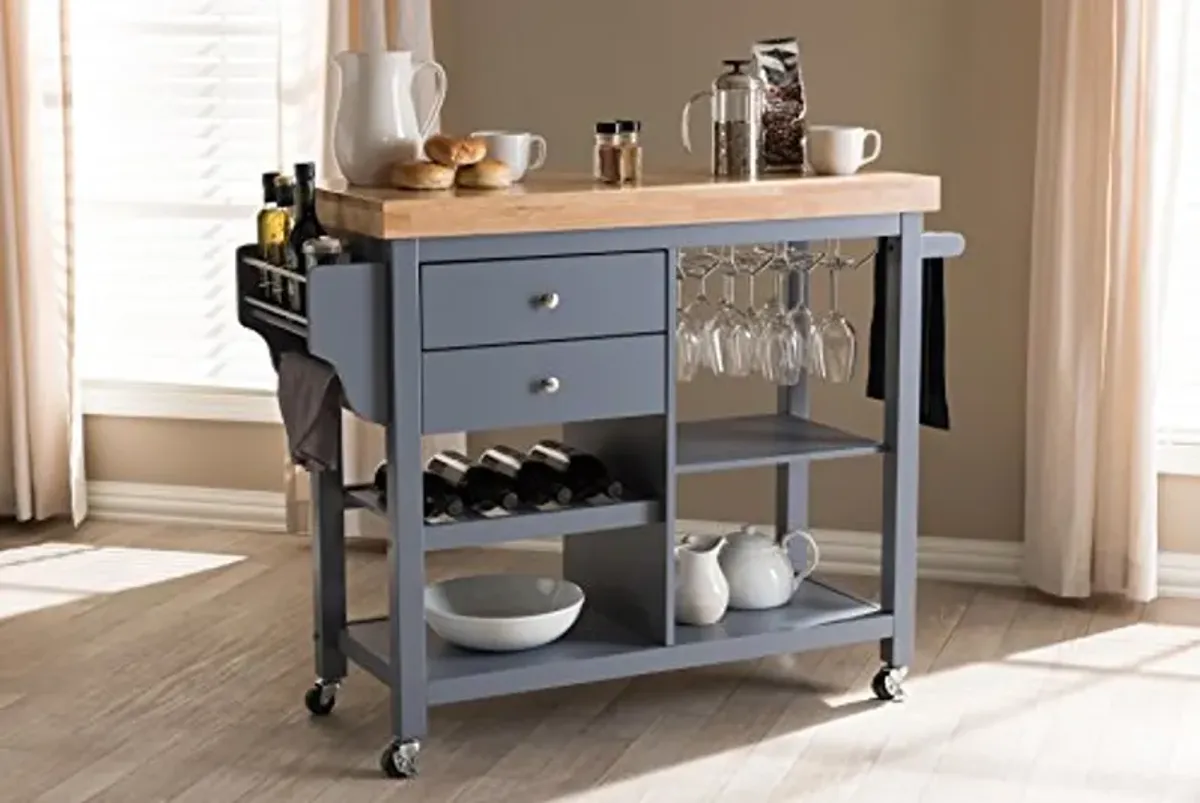 Baxton Studio Sunderland Coastal And Farmhouse Grey Wood Kitchen Cart, Natural