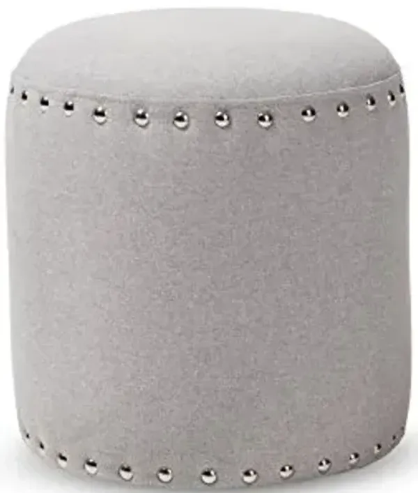 Baxton Studio Emilie Fabric Upholstered Nail Trim Ottoman, Light Grey