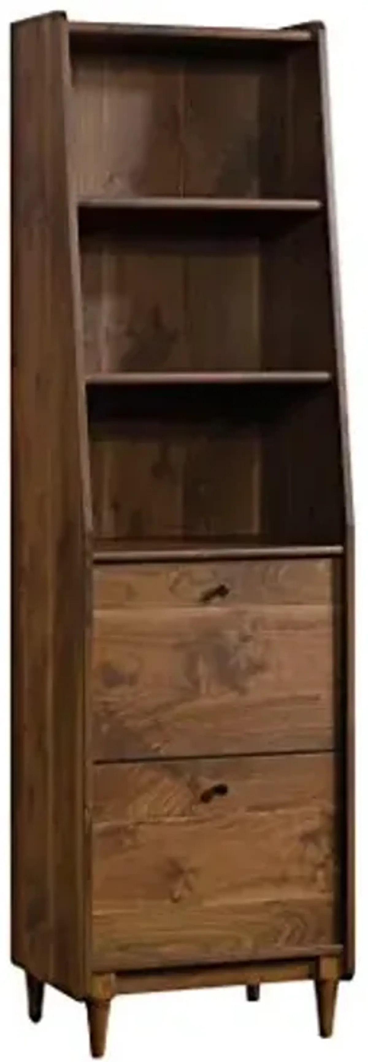 Sauder Harvey Park Tall Bookcase with Drawers, Mid-Century Modern Design, Narrow Bookcase - Grand Walnut Finish