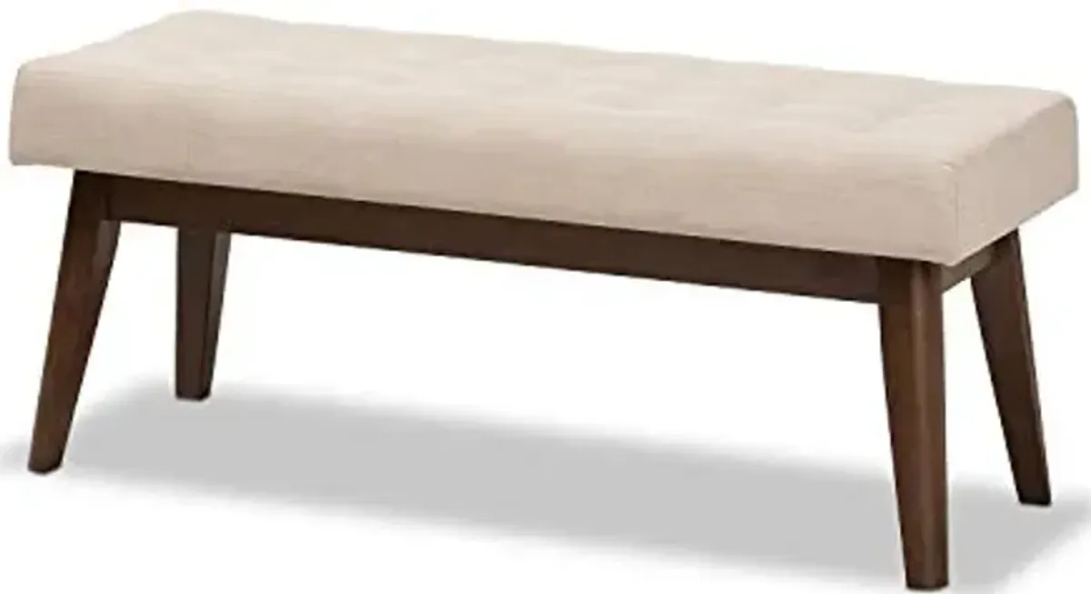 Baxton Studio Elia Mid-Century Modern Walnut Wood Light Beige Fabric Button-Tufted Bench/Mid-Century/Light Beige/Walnut Brown/Fabric Polyester 100%"/Rubber Wood