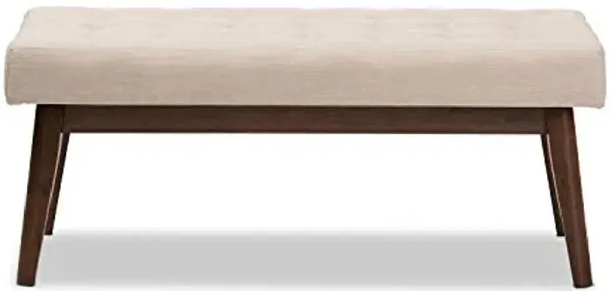 Baxton Studio Elia Mid-Century Modern Walnut Wood Light Beige Fabric Button-Tufted Bench/Mid-Century/Light Beige/Walnut Brown/Fabric Polyester 100%"/Rubber Wood