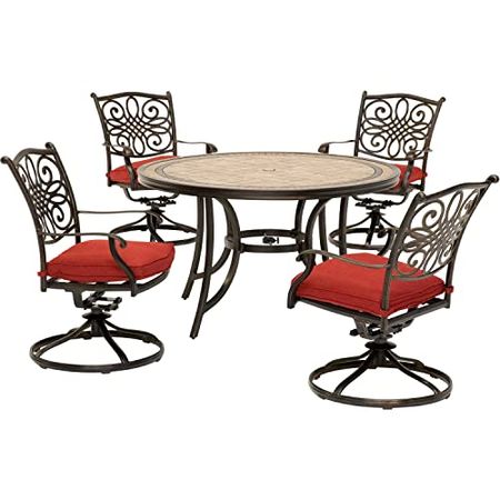 Hanover Monaco 5-Piece Patio Dining Set, 4 Cushioned Swivel Rocker Chairs and 51" Round Tile-Top Table, Brushed Bronze Finish Outdoor Furniture, Red