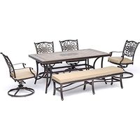 Hanover MONDN6PCSW4BN-TAN Mo co 6-Piece Dining Set In With Four Swivel Rockers, A Cushioned Bench, And A 40" X 68" Tile-Top Table Outdoor Furniture, Tan