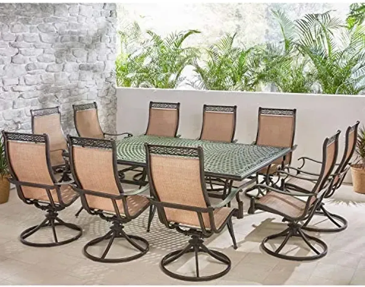 Hanover Manor 11-Piece Outdoor Dining Set with 10 Comfortable Swivel Rockers and an Extra-Large 60" x 84" Aluminum Cast-Top Dining Table, 10 person Patio Table and Chairs for Backyard, Deck, Porch