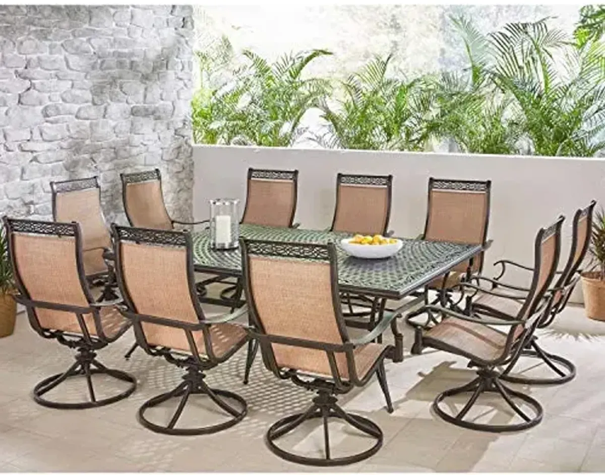 Hanover Manor 11-Piece Outdoor Dining Set with 10 Comfortable Swivel Rockers and an Extra-Large 60" x 84" Aluminum Cast-Top Dining Table, 10 person Patio Table and Chairs for Backyard, Deck, Porch