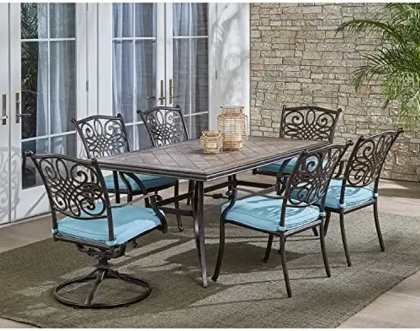 Hanover Monaco 7-Piece Patio Dining Set in Blue with 4 Dining Chairs, 2 Swivel Rockers, and a 40" x 68" Tile-Top Table, All-Weather Outdoor Dining Set for 6 for Backyard, Deck, Patio