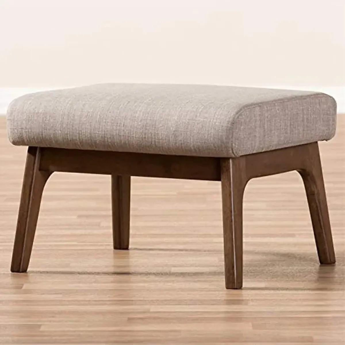 Baxton Studio Bianca Mid-Century Wood Ottoman/Mid-Century/Fabric Polyester 100%"/Rubber Wood/Light Grey/Walnut Brown