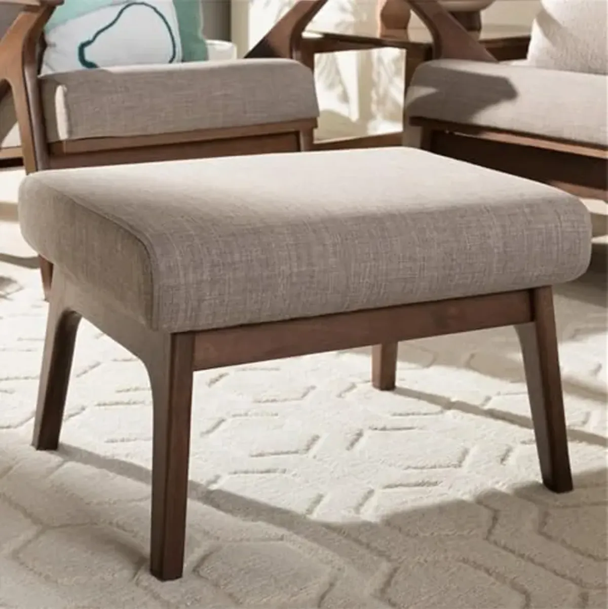 Baxton Studio Bianca Mid-Century Wood Ottoman/Mid-Century/Fabric Polyester 100%"/Rubber Wood/Light Grey/Walnut Brown