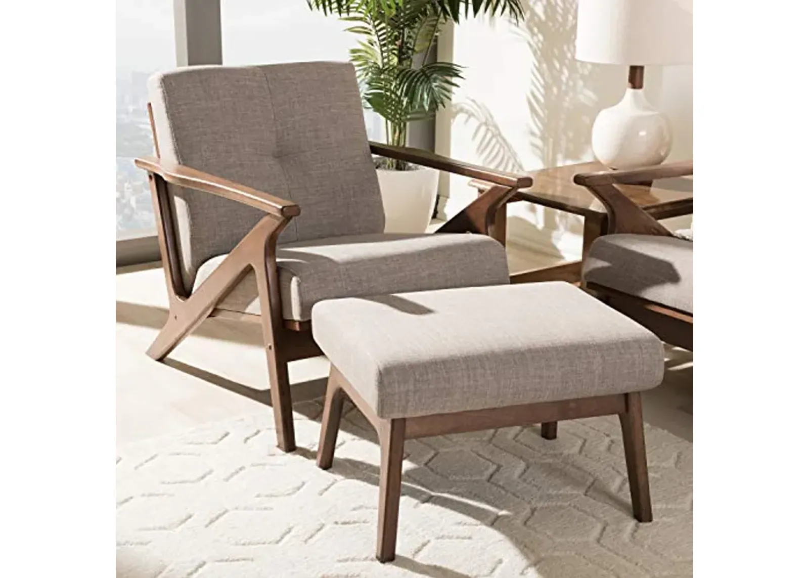 Baxton Studio Bianca Mid-Century Modern Walnut Wood Light Grey Fabric Tufted Lounge Chair and Ottoman Set Mid-Century/Light Grey/Walnut Brown/Fabric Polyester 100%"/Rubber Wood/