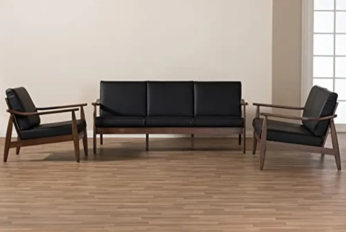 Baxton Studio Venza Mid-Century Modern Walnut Wood Black Faux Leather 3-Piece Livingroom Set