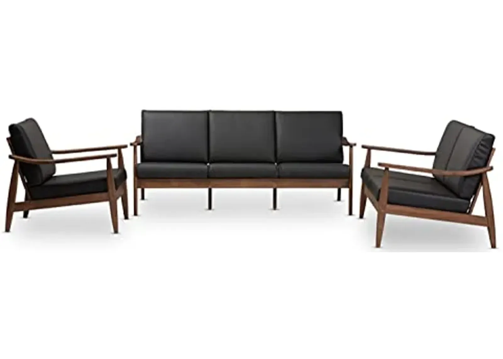 Baxton Studio Venza Mid-Century Modern Walnut Wood Black Faux Leather 3-Piece Livingroom Set