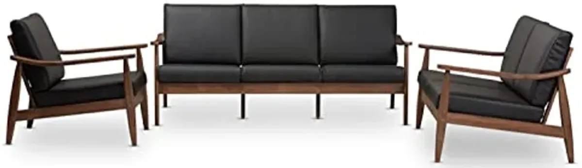 Baxton Studio Venza Mid-Century Modern Walnut Wood Black Faux Leather 3-Piece Livingroom Set