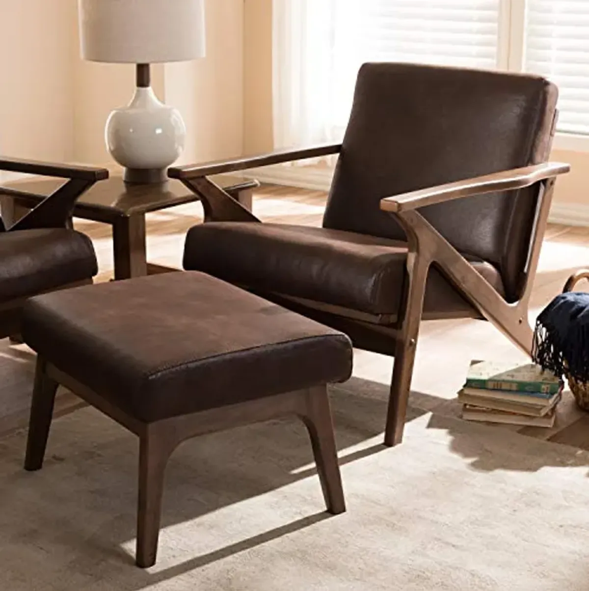 Baxton Studio Bianca Mid-Century Modern Walnut Wood Dark Brown Distressed Faux Leather Lounge Chair and Ottoman Set/Mid-Century/Dark Brown/Walnut Brown/Faux Leather/Rubber Wood