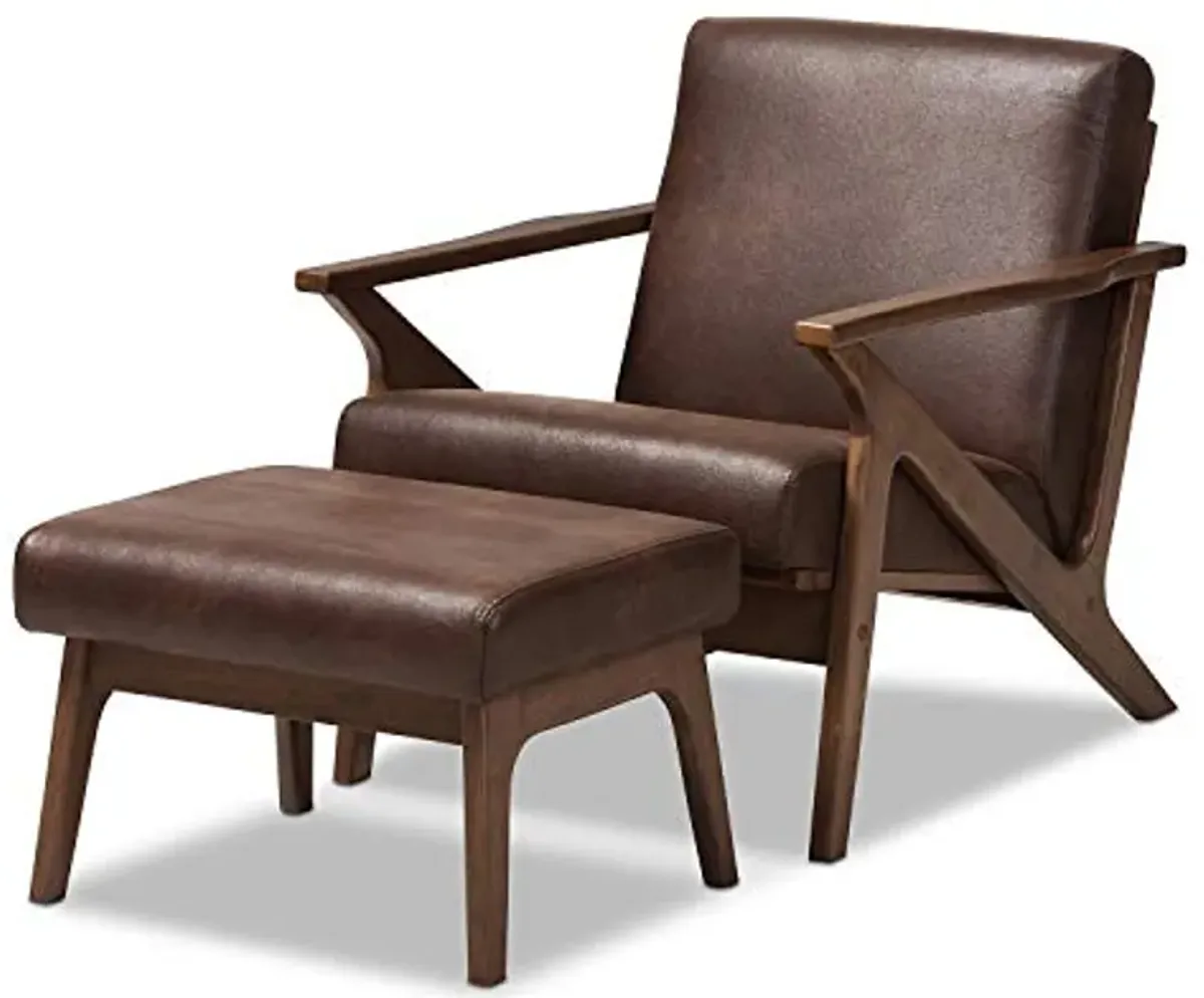 Baxton Studio Bianca Mid-Century Modern Walnut Wood Dark Brown Distressed Faux Leather Lounge Chair and Ottoman Set/Mid-Century/Dark Brown/Walnut Brown/Faux Leather/Rubber Wood