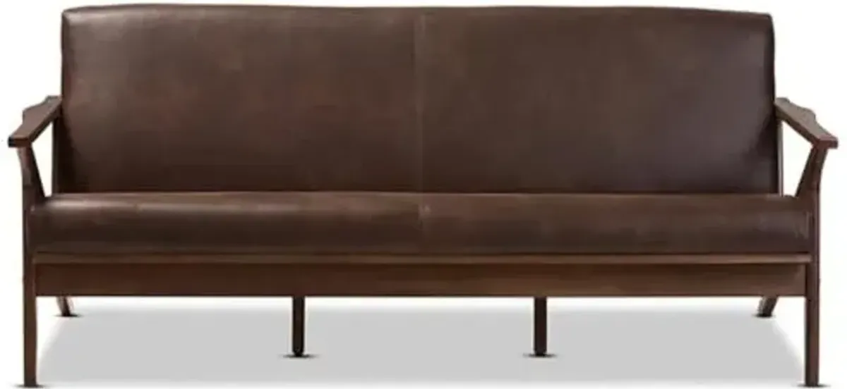 Baxton Studio Bianca Mid-Century Modern Walnut Wood Dark Brown Distressed Faux Leather 3-Seater Sofa Mid-Century/Dark Brown/Walnut Brown/Faux Leather/Rubber Wood/
