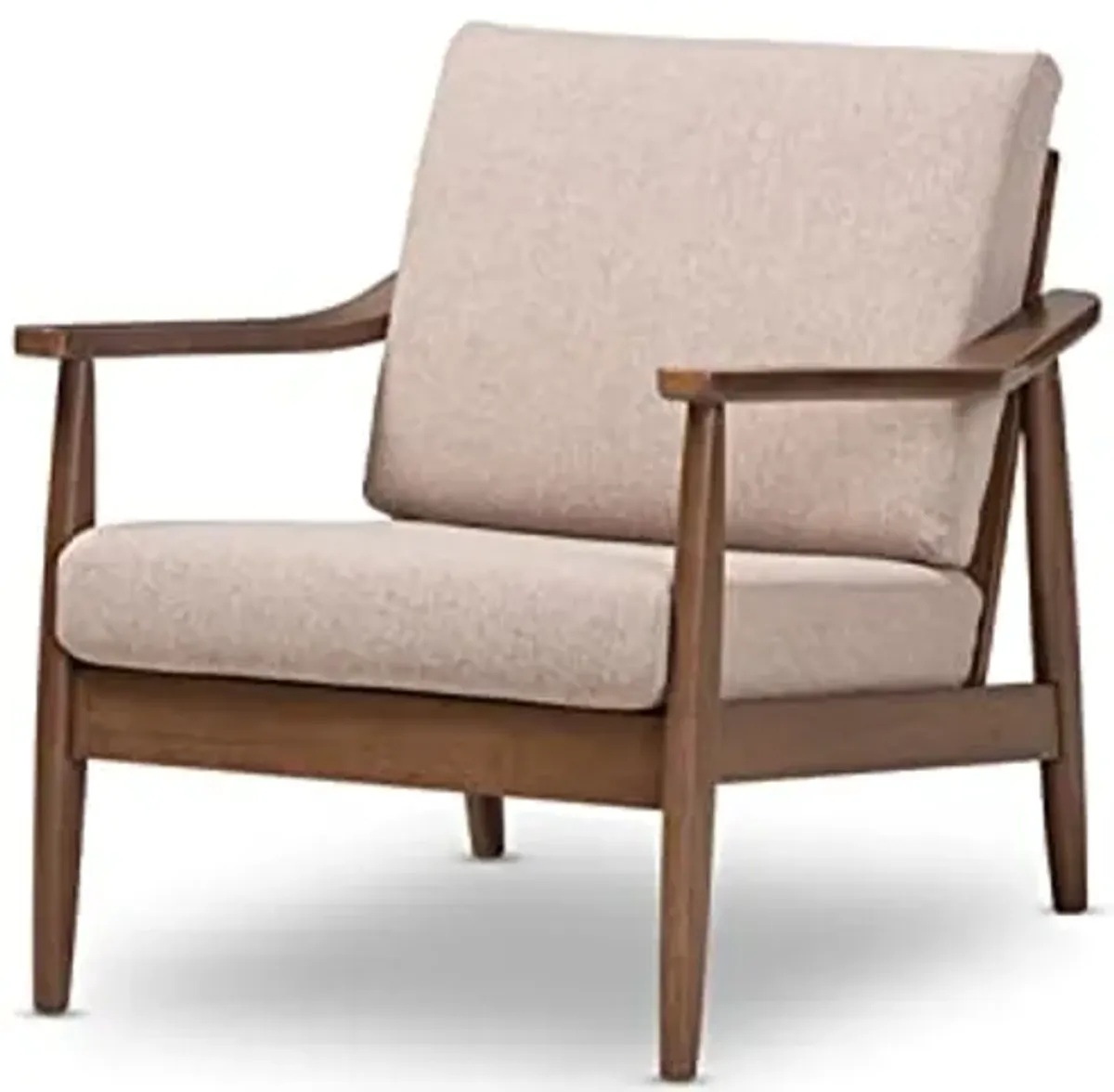 Baxton Studio Venza Mid-Century Modern Walnut Wood Light Brown Fabric Upholstered Lounge Chair