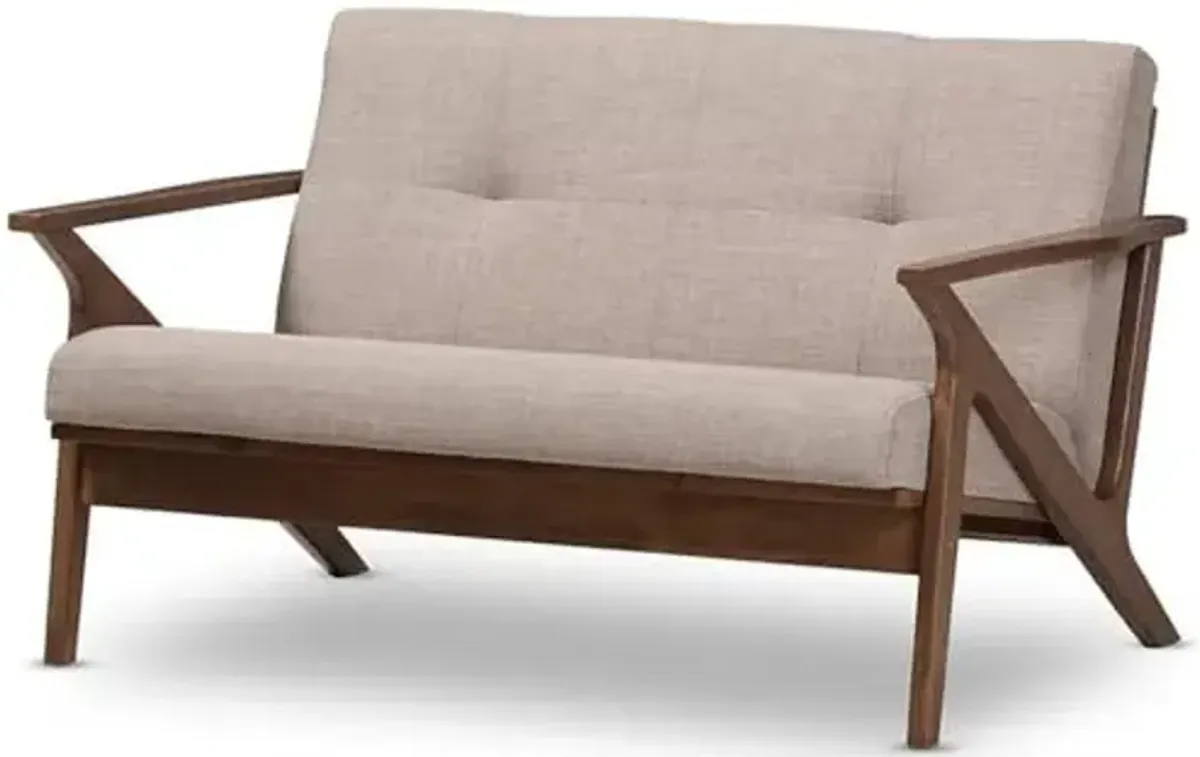 Baxton Studio Bianca Mid-Century Modern Walnut Wood Light Grey Fabric Tufted 2-Seater Loveseat Light Grey/Polyester Fabric and Walnut Wood