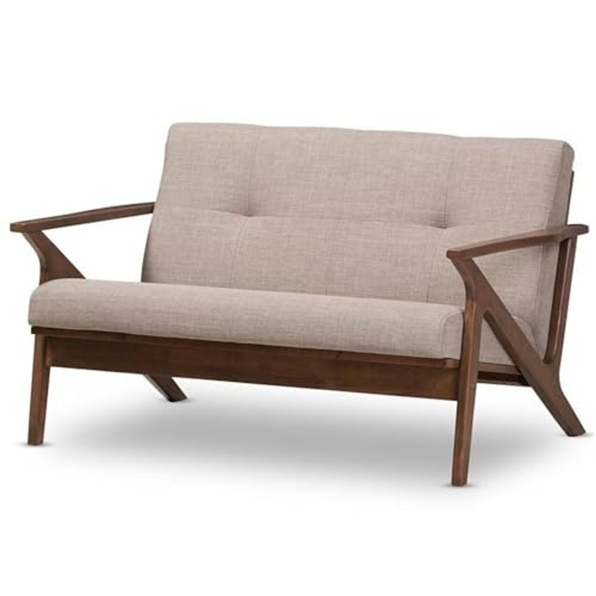 Baxton Studio Bianca Mid-Century Modern Walnut Wood Light Grey Fabric Tufted 2-Seater Loveseat/Mid-Century/Fabric Polyester 100%"/Rubber Wood/Light Grey/Walnut Brown