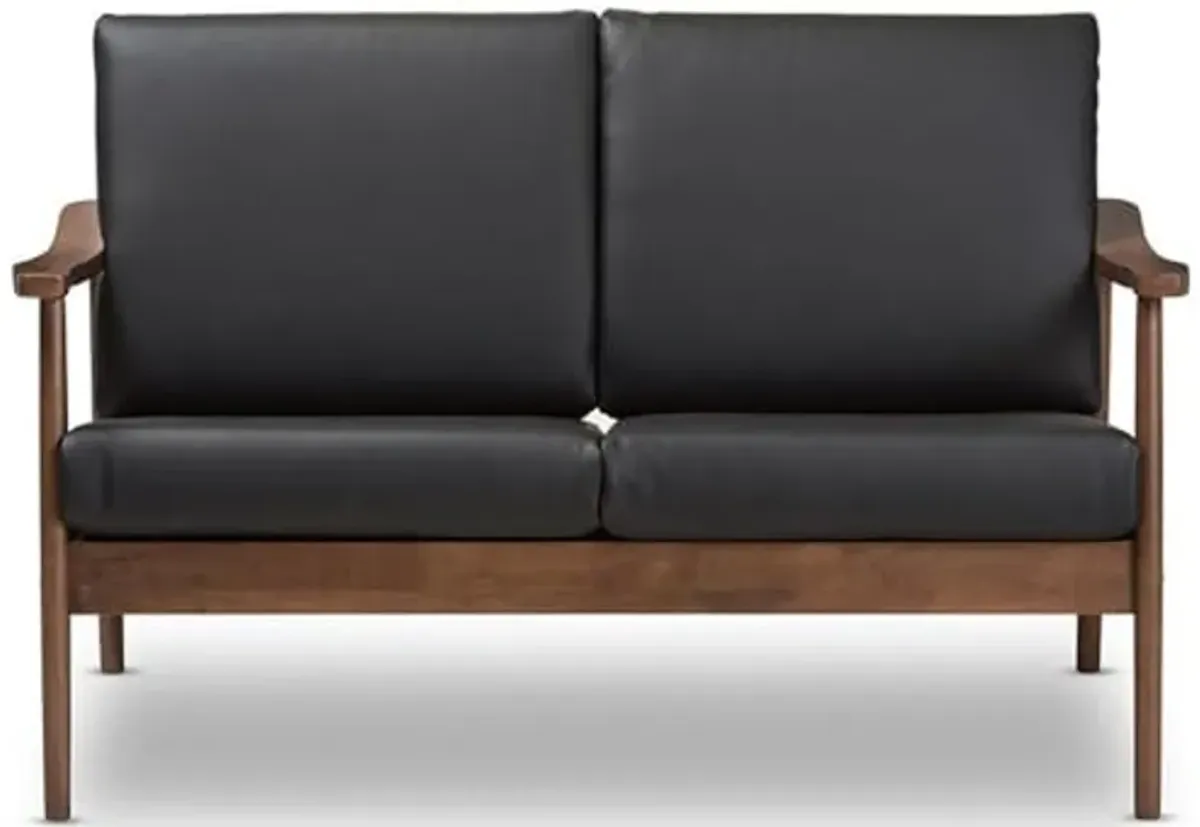 Baxton Studio Venza Mid-Century Modern Walnut Wood Black Faux Leather 2-Seater Loveseat/Mid-Century/Black/Walnut Brown/Faux Leather/Rubber Wood