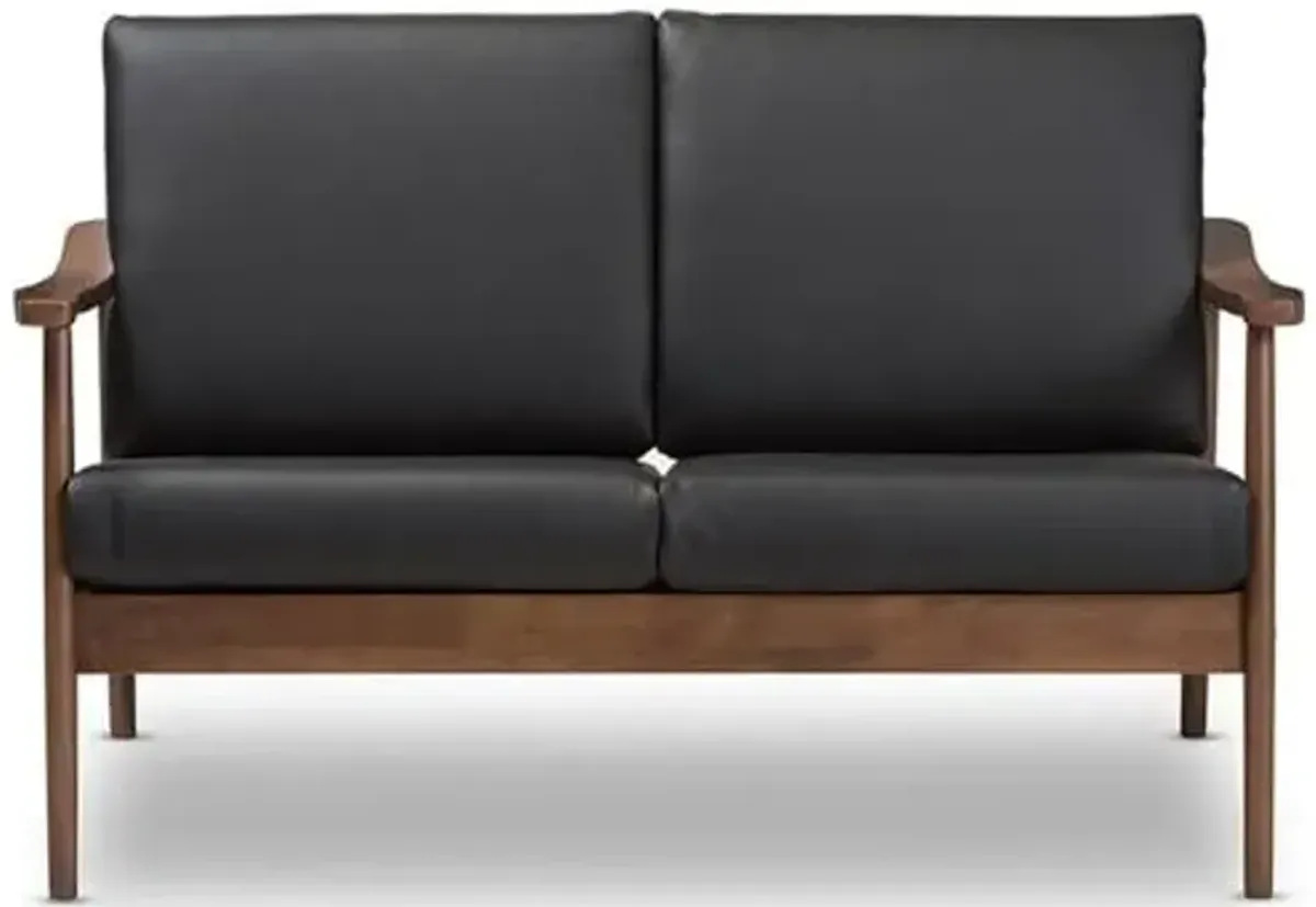 Baxton Studio Venza Mid-Century Modern Walnut Wood Black Faux Leather 2-Seater Loveseat Black/Wood