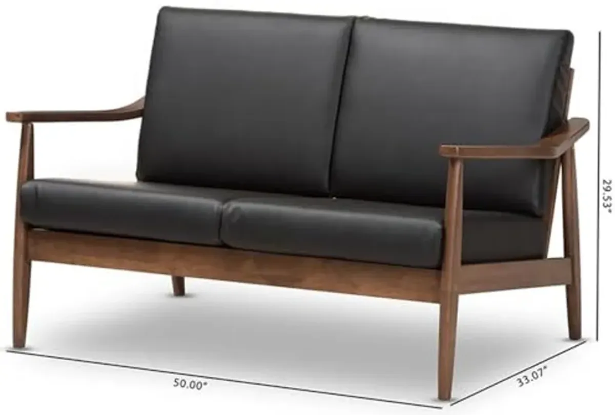 Baxton Studio Venza Mid-Century Modern Walnut Wood Black Faux Leather 2-Seater Loveseat/Mid-Century/Black/Walnut Brown/Faux Leather/Rubber Wood