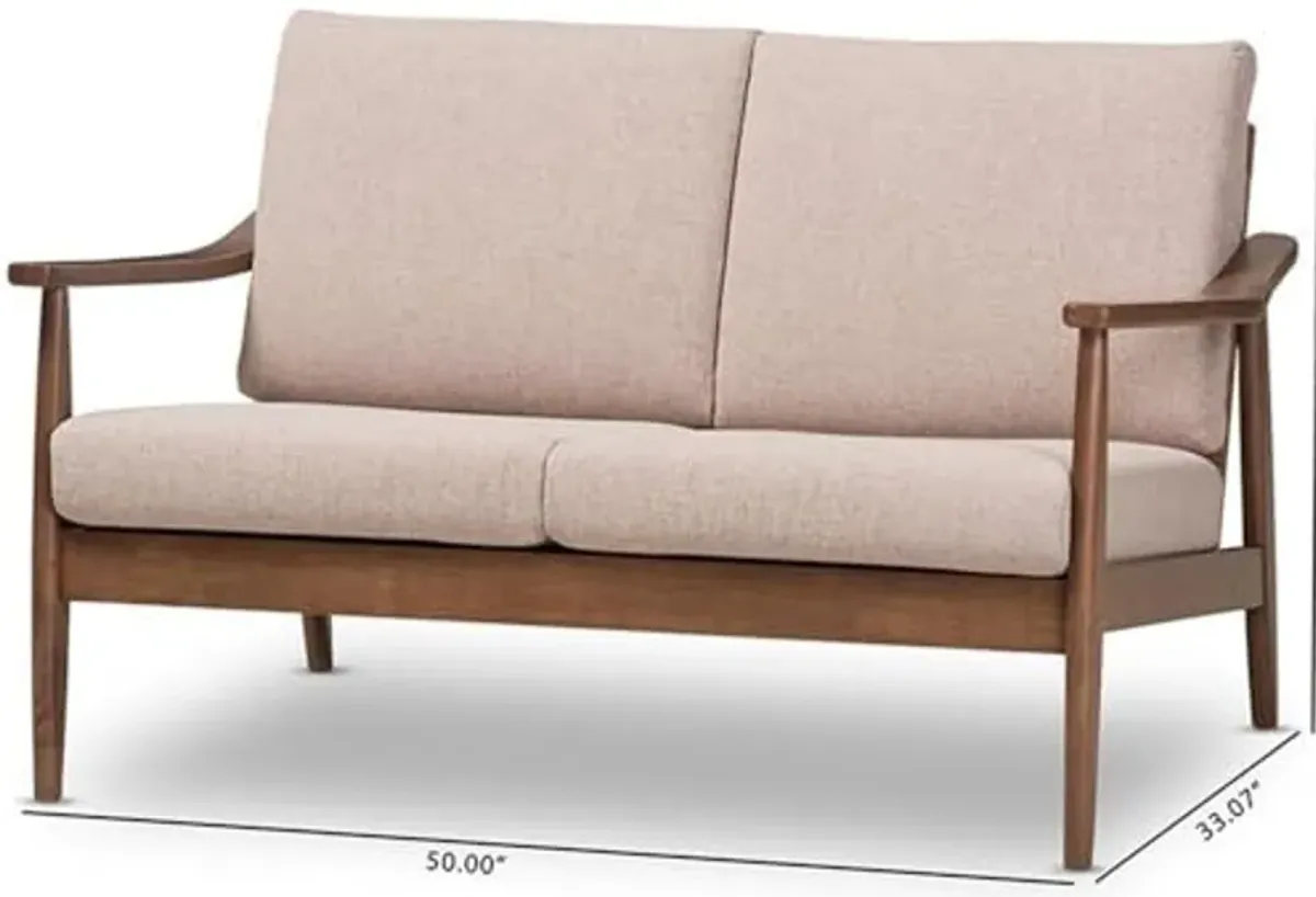 Baxton Studio Venza Mid-Century Modern Walnut Wood Light Brown Fabric Upholstered 2-Seater Loveseat