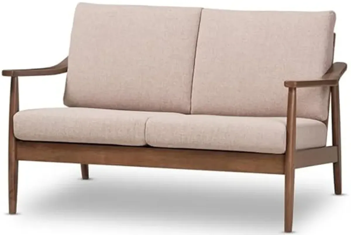 Baxton Studio Venza Mid-Century Modern Walnut Wood Light Brown Fabric Upholstered 2-Seater Loveseat