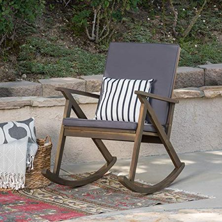 Christopher Knight Home Outdoor Acacia Wood Rocking Chair, Grey/Grey Cushion